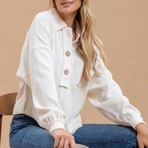 Blu Pepper Collared Raw Edge Knit Top with Large Buttons in Ivory